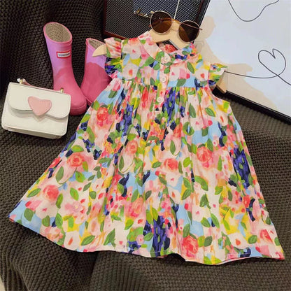 Back view of a girl's floral flying sleeve dress, comfortable kids casual wear