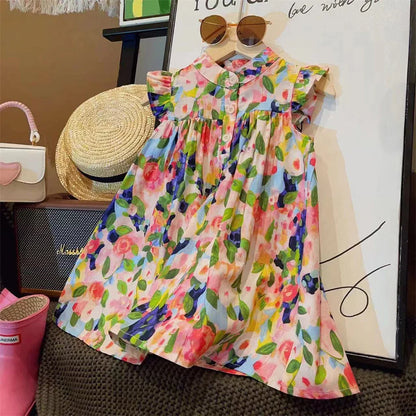 Detail of the flying sleeve on a girl's summer dress, soft cotton blend fabric