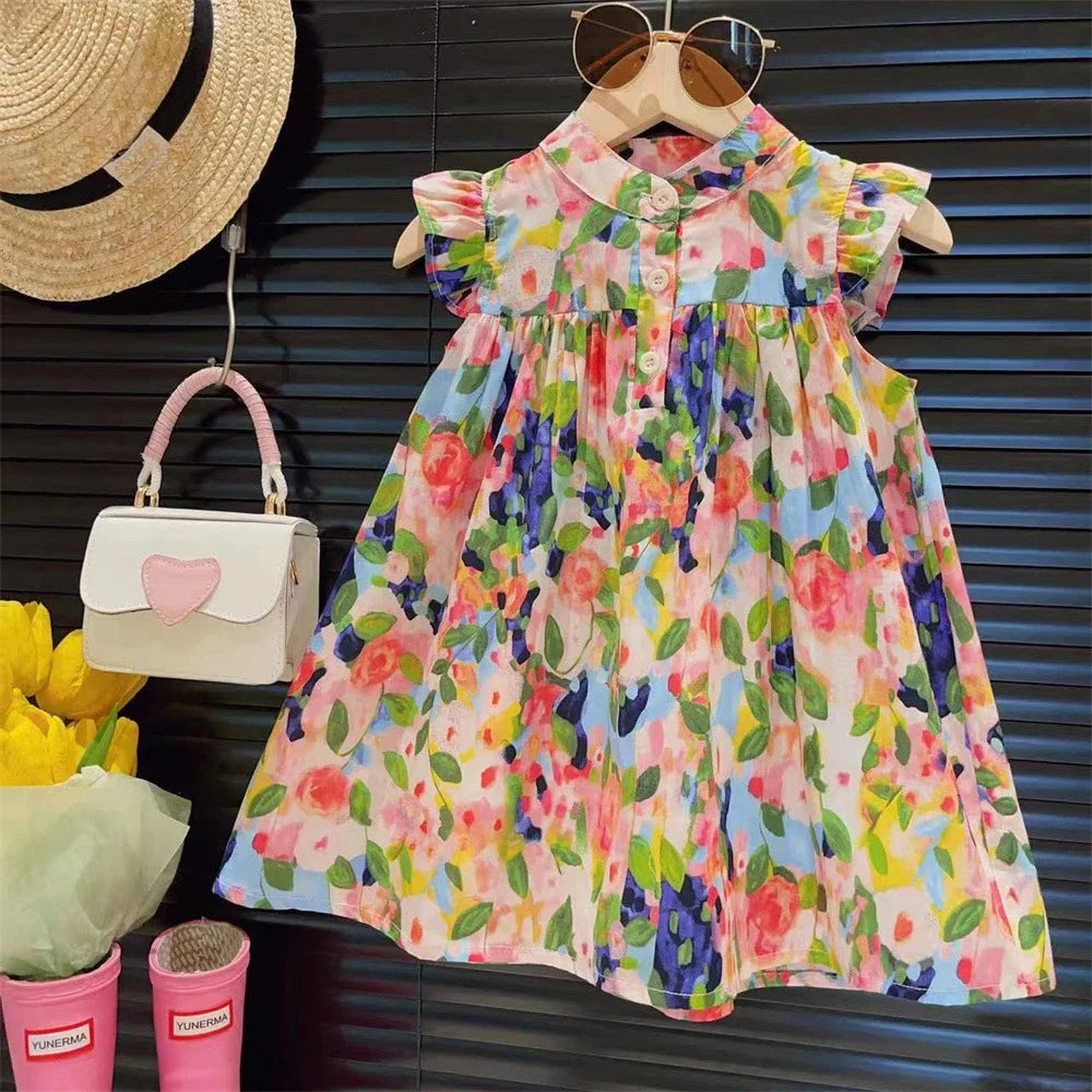 Girls' A-line summer dress with beautiful floral pattern and playful flying sleeves