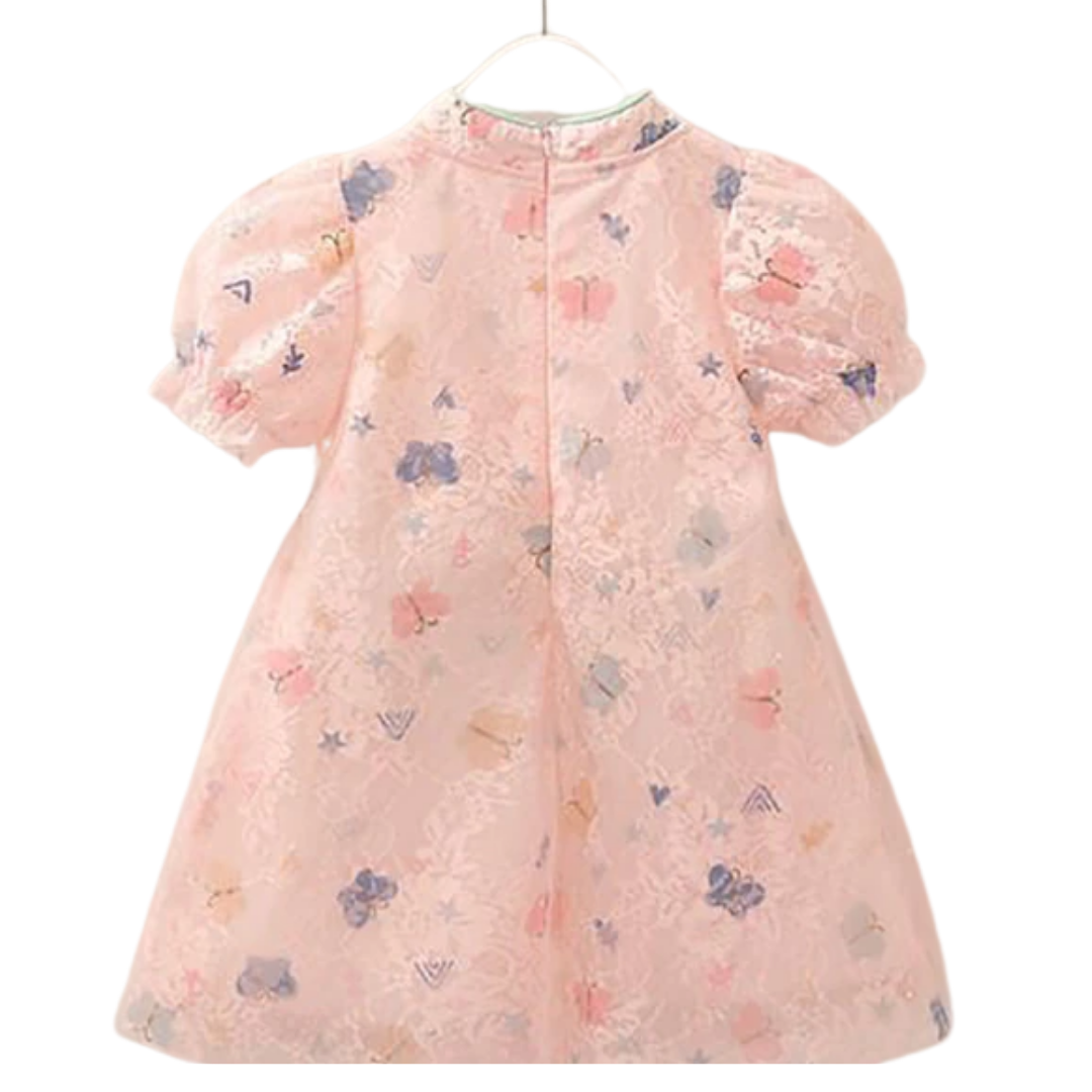 Pretty girls' puff sleeve cheongsam dress with intricate floral lace and whimsical butterfly design.