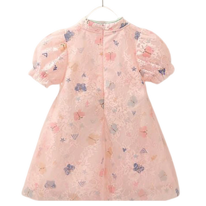 Pretty girls' puff sleeve cheongsam dress with intricate floral lace and whimsical butterfly design.