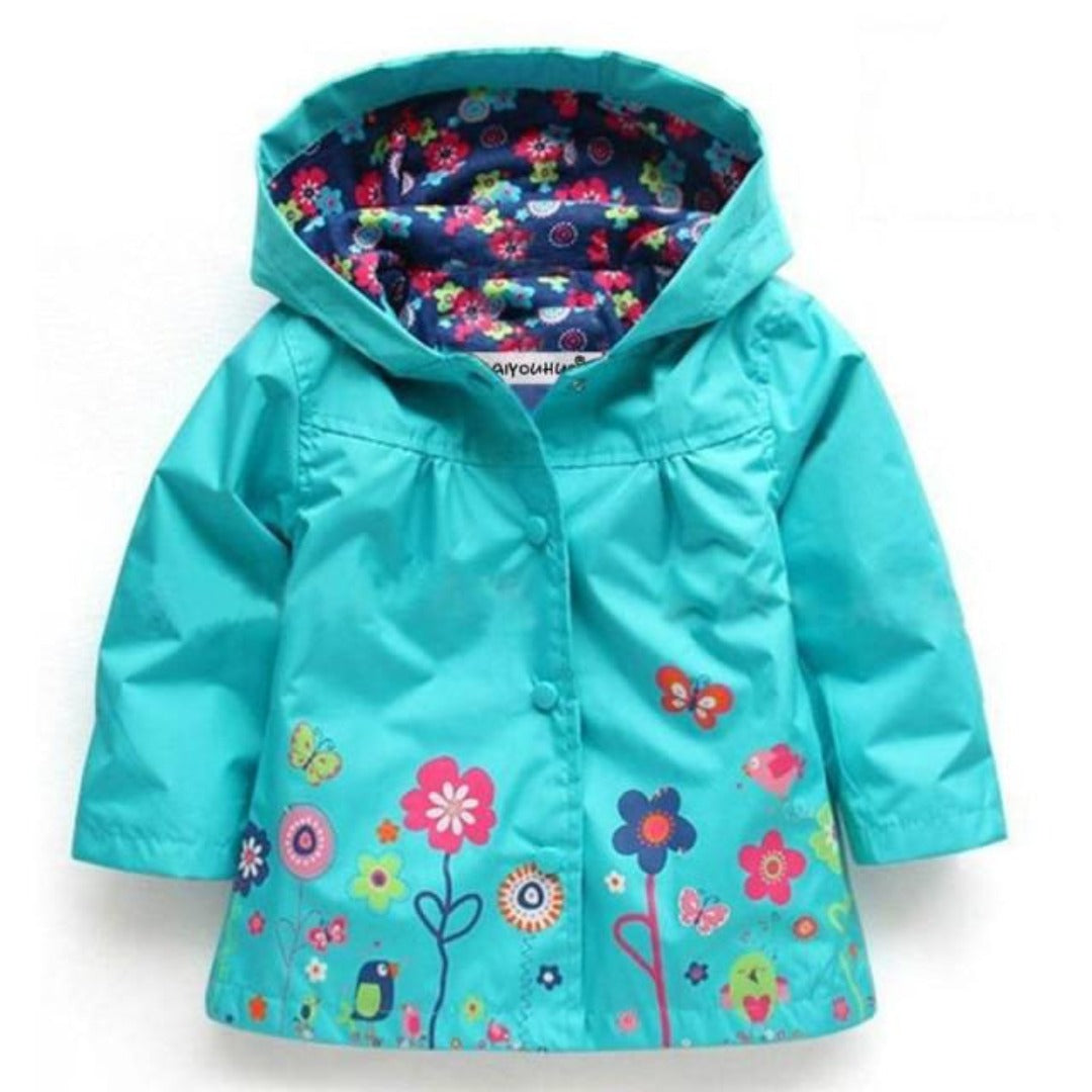 Cute toddler girl's floral print windbreaker hoodie jacket with practical button front