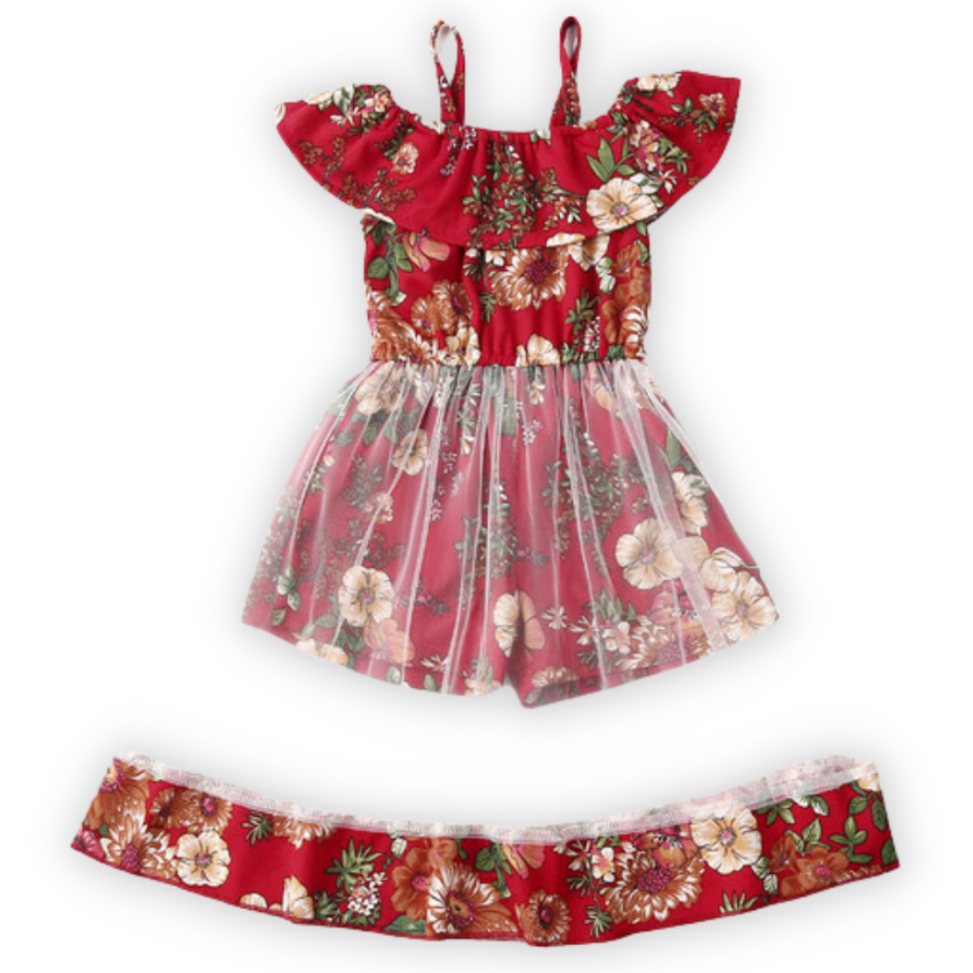 Toddler girl's floral romper dress with sheer skirt, perfect for summer parties or everyday wear.