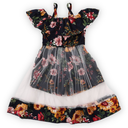 Girls' cotton floral print sundress with short sleeves and a knee-length see-through skirt.