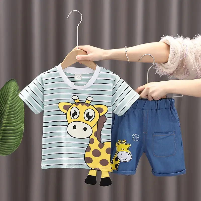 Baby girl's giraffe pattern cotton dress set, ideal for warm weather