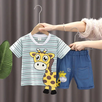 Baby girl's giraffe pattern cotton dress set, ideal for warm weather