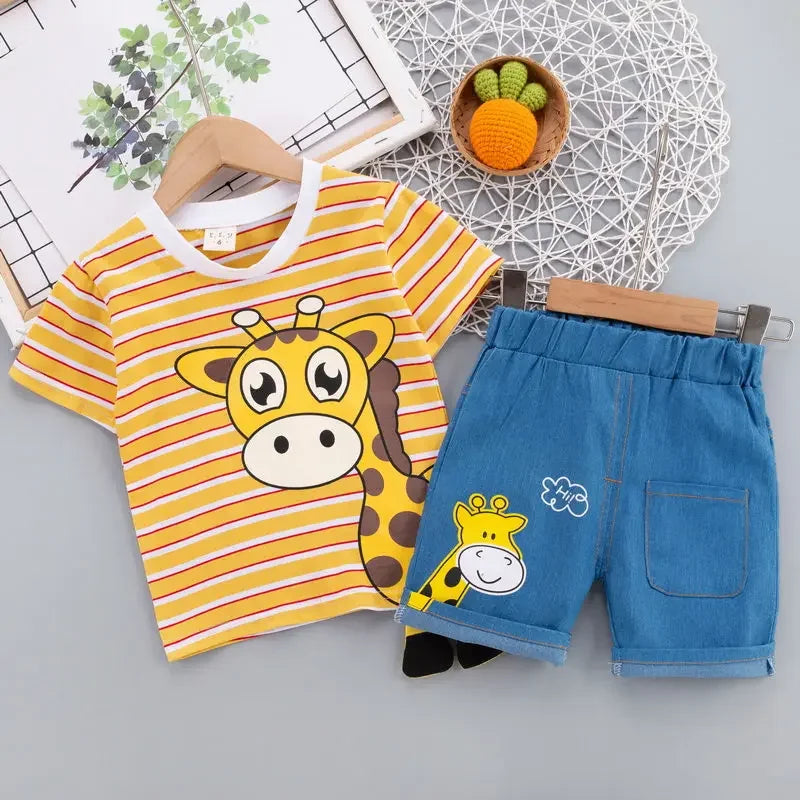 Playful giraffe print cotton dress set for toddler girls, comfortable baby clothing