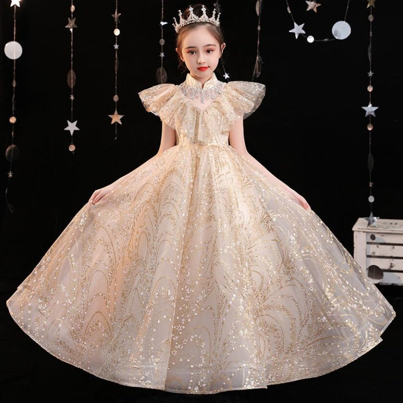 Toddler girl's golden sequin princess ball gown with high collar, perfect for special occasions and parties.