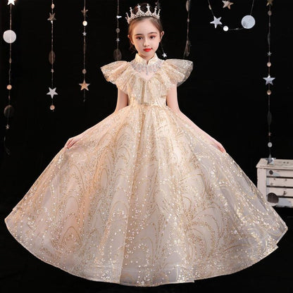 Toddler girl's golden sequin princess ball gown with high collar, perfect for special occasions and parties.