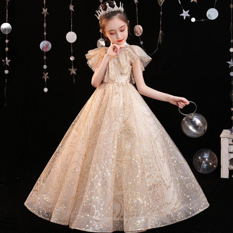 Girls' formal golden sequin ball gown, an elegant embroidered princess dress for party wear.