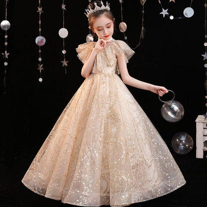Girls' formal golden sequin ball gown, an elegant embroidered princess dress for party wear.
