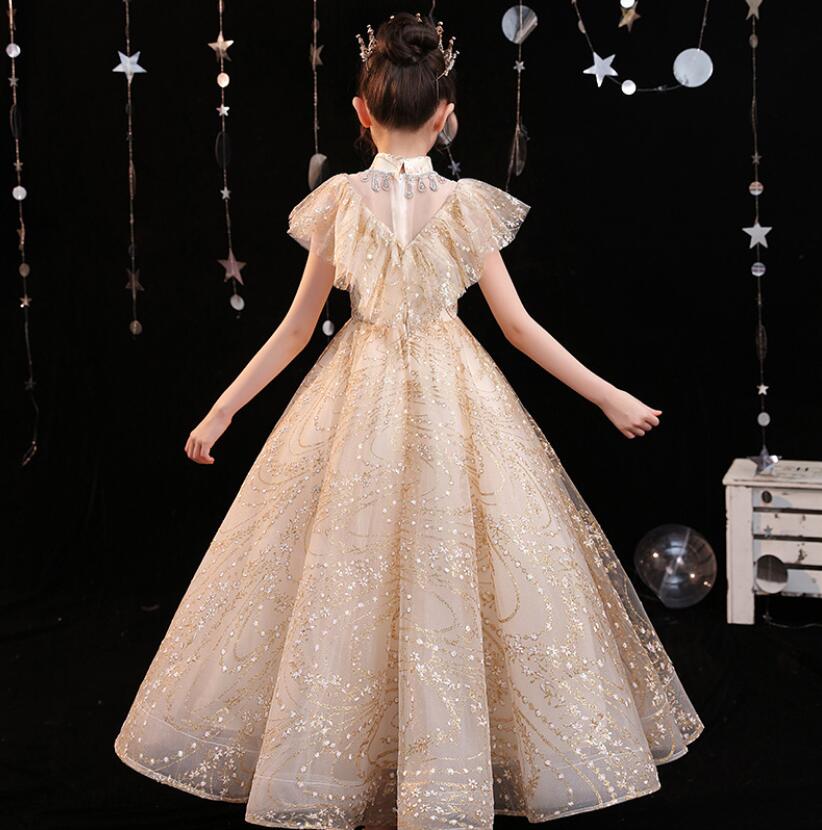 Shiny golden sequin princess ball gown for girls, a beautiful kids fashion formal dress with high collar.