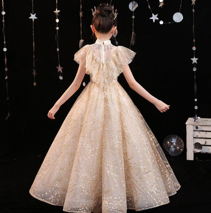Shiny golden sequin princess ball gown for girls, a beautiful kids fashion formal dress with high collar.