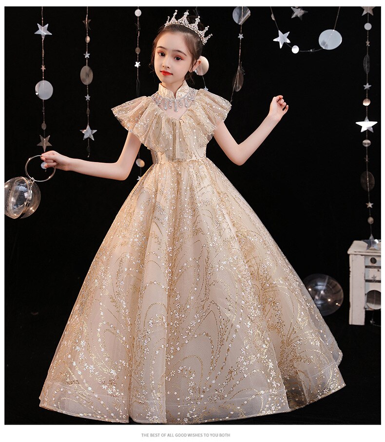Embroidered golden sequin party dress for toddlers, a stunning princess ball gown for special occasions.