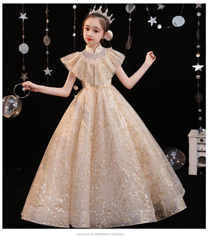 Embroidered golden sequin party dress for toddlers, a stunning princess ball gown for special occasions.
