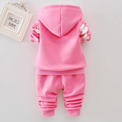 Toddler girl's hooded winter set with floral & cartoon print, made from a warm woolen blend for cold weather