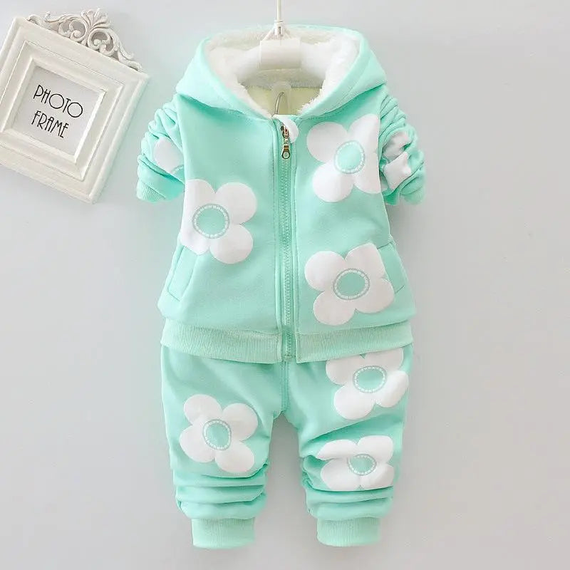 Girls' winter fashion hooded set, pullover style with floral and cartoon prints, made from a woolen blend