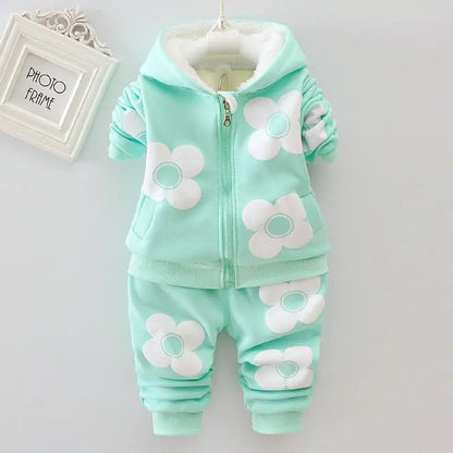 Girls' winter fashion hooded set, pullover style with floral and cartoon prints, made from a woolen blend