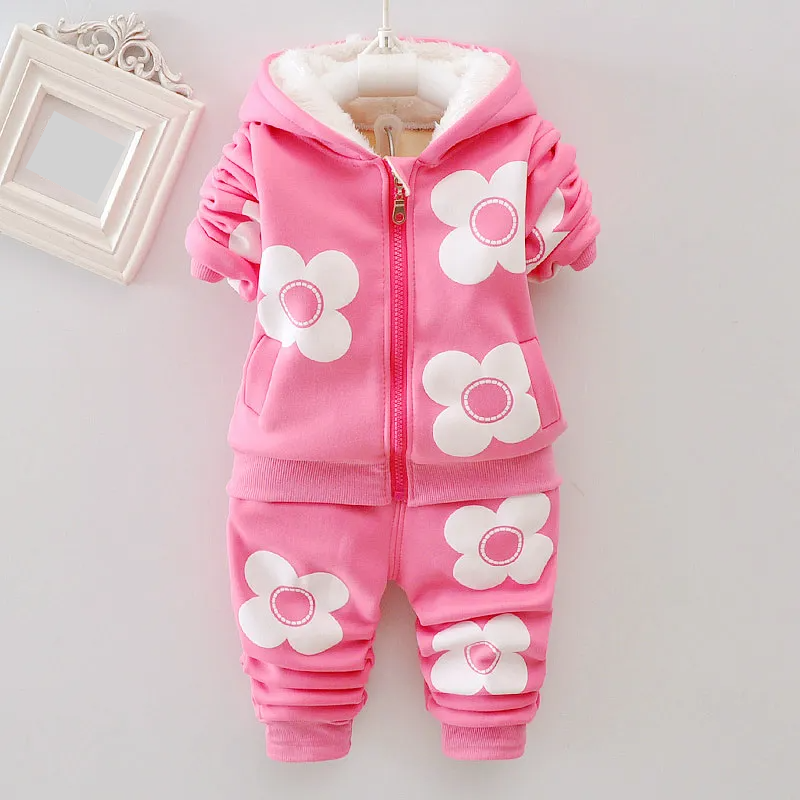Kids fashion hooded winter set for girls, pullover design with cute floral and cartoon patterns, woolen blend