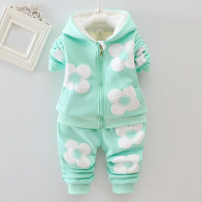 Girls' colorful hooded winter set, pullover and pants with floral and cartoon prints for cozy comfort