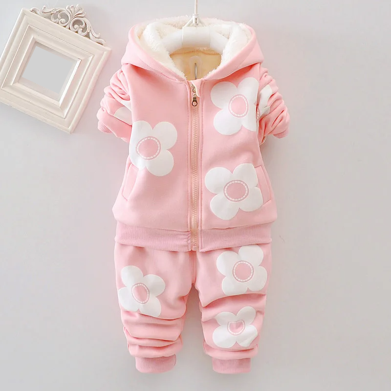 Toddler girls' woolen blend hooded pullover set, featuring an adorable floral and cartoon winter pattern