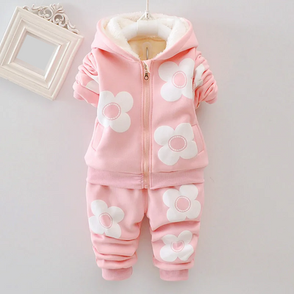 Toddler girls' woolen blend hooded pullover set, featuring an adorable floral and cartoon winter pattern