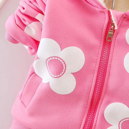 Girls' pullover winter outfit featuring a cozy hood and charming floral and cartoon patterns, warm woolen blend