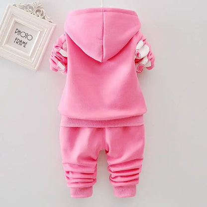 Girls' woolen blend hooded set for winter, showcasing a unique floral and cartoon pattern for toddlers