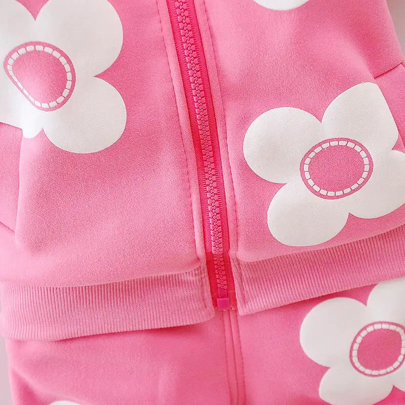 Girls' cozy winter outfit, hooded pullover and matching pants in a floral and cartoon print, woolen blend
