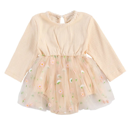 Princess-style knit romper, long sleeve, for toddler girls. Autumn baby clothing.