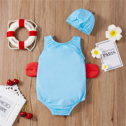 Comfortable polyester toddler swimsuit in a stylish animal print, includes a protective swim cap.