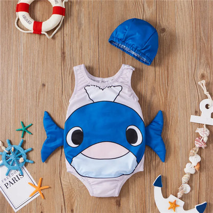Girls' beachwear set: vibrant animal print sun protection swimsuit with a matching swim cap.