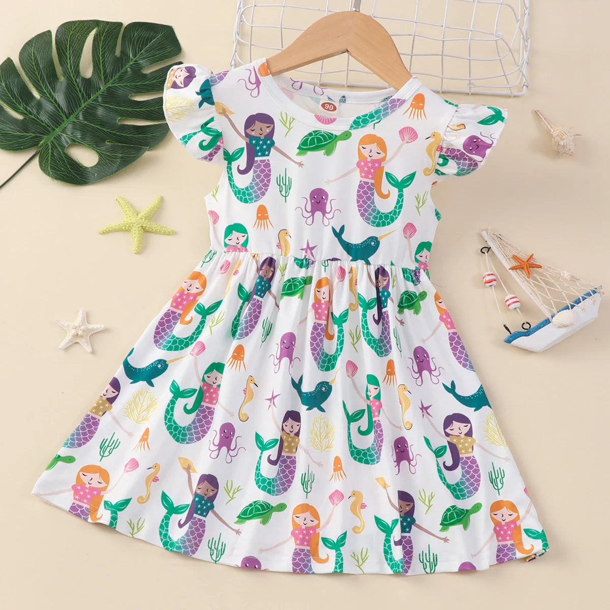 Toddler girl's mermaid print ruffled A-line summer dress, sleeveless casual wear