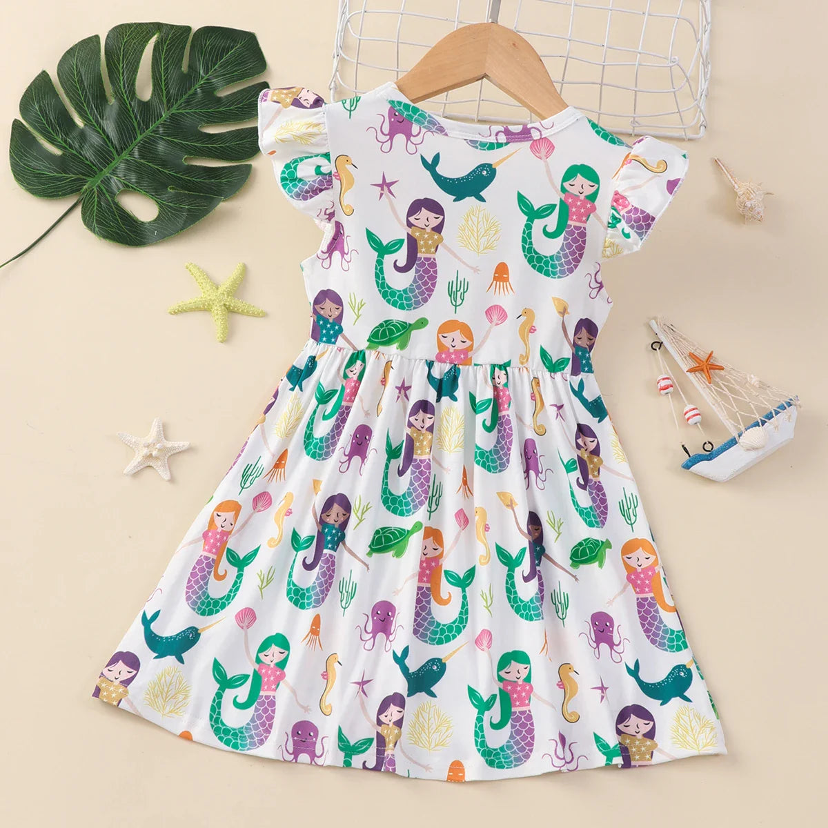 Cute ruffled mermaid print summer dress for toddler girls, best for casual and comfortable wear
