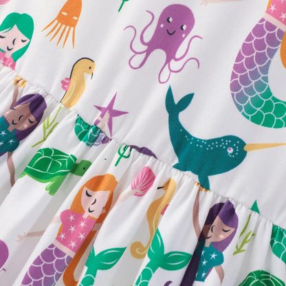 Detailed view of the ruffle design on a girl's mermaid print sleeveless summer dress