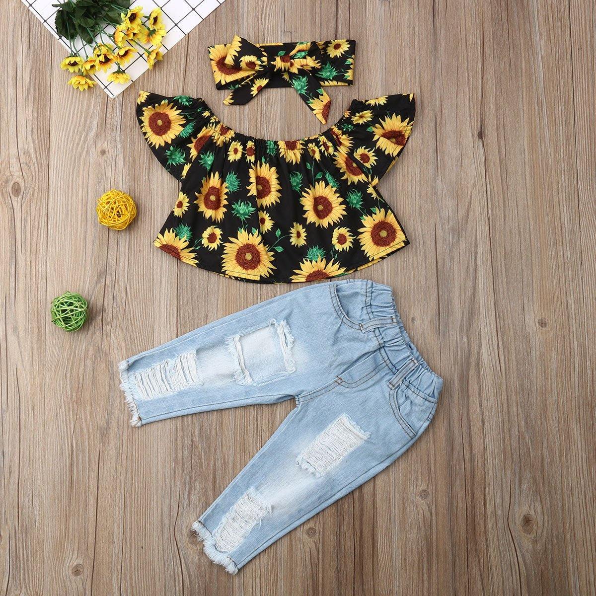 Toddler girl's off-shoulder sunflower print top with ripped jeans and matching headband, perfect for summer playwear.