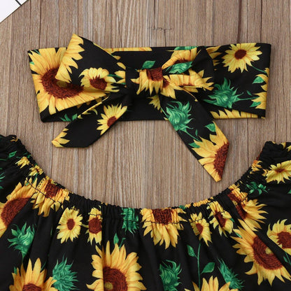Girls' cotton blend off-shoulder sunflower top and ripped jeans, a trendy and comfortable toddler fashion set.