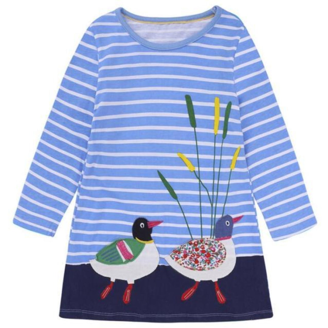 Toddler girl's pink cotton long sleeve dress with colorful bird applique, soft and comfortable for play.