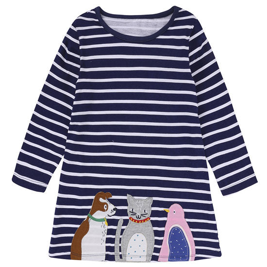 Close-up of a charming bird applique on a pink cotton long sleeve dress for girls, perfect everyday wear.