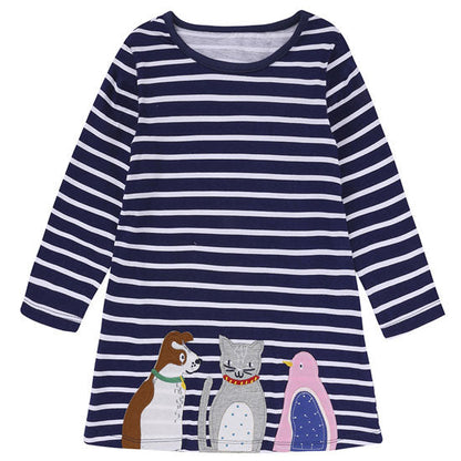 Close-up of a charming bird applique on a pink cotton long sleeve dress for girls, perfect everyday wear.