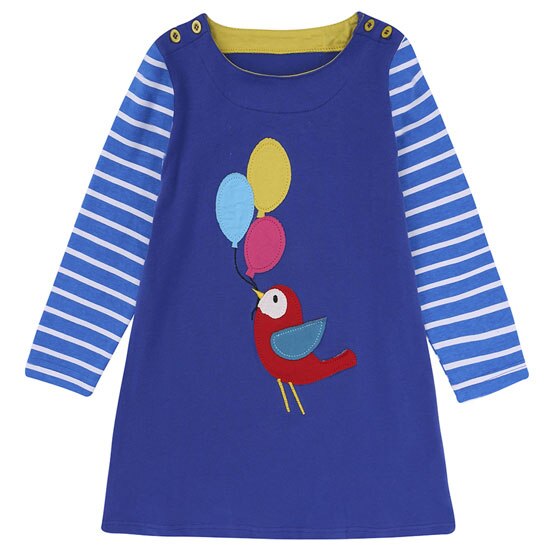 Girls' casual cotton long sleeve dress in pink, featuring a fun bird applique, ideal for toddlers.
