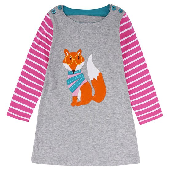 Soft pink cotton long sleeve dress with a detailed bird applique, designed for baby and toddler girls.