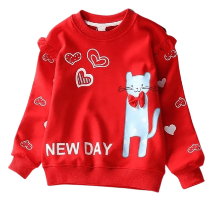 Toddler girl's pink cotton sweater with cute cat and heart print, perfect for winter wear.