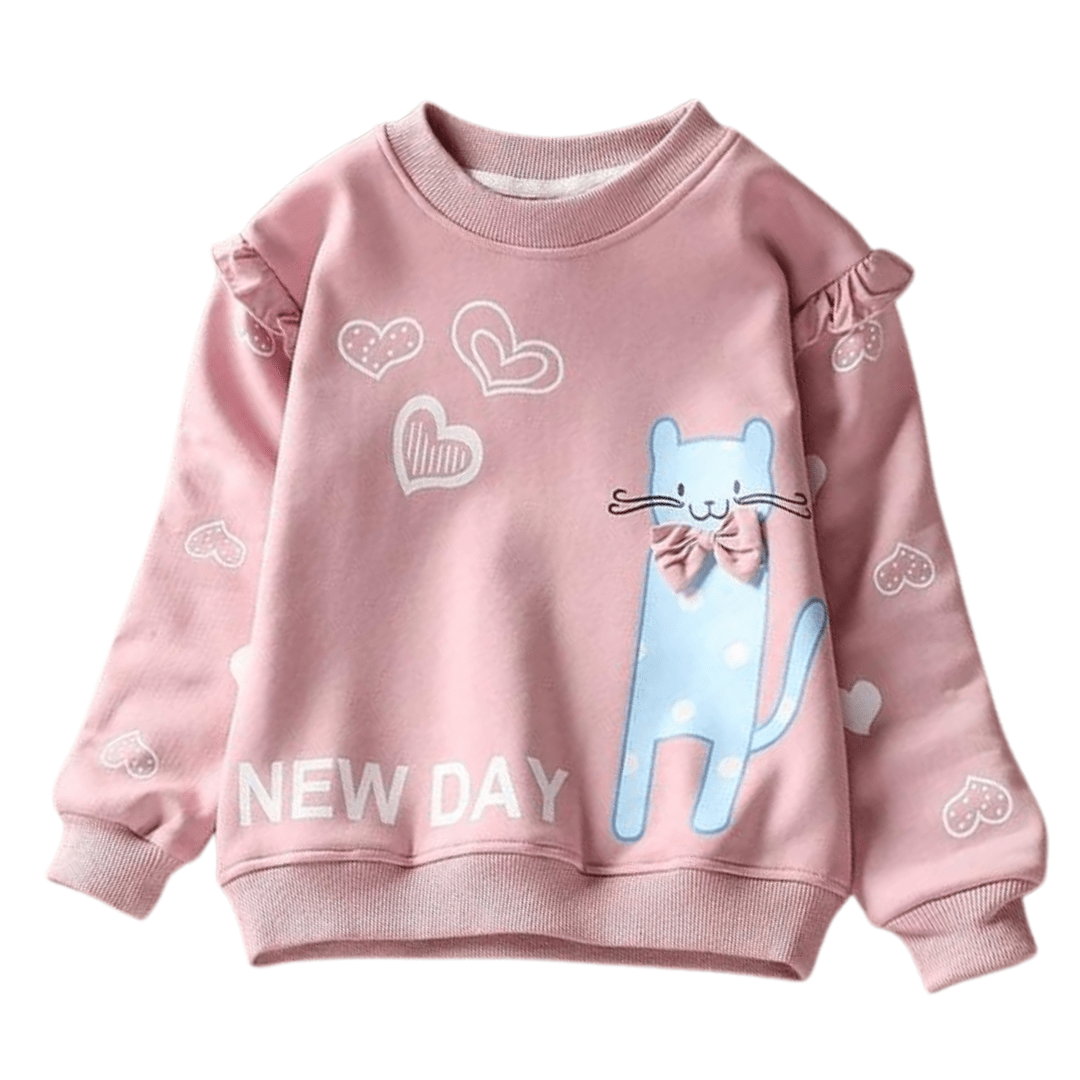 Close-up of a kids' long-sleeve cotton sweater featuring an adorable cat and heart pattern.