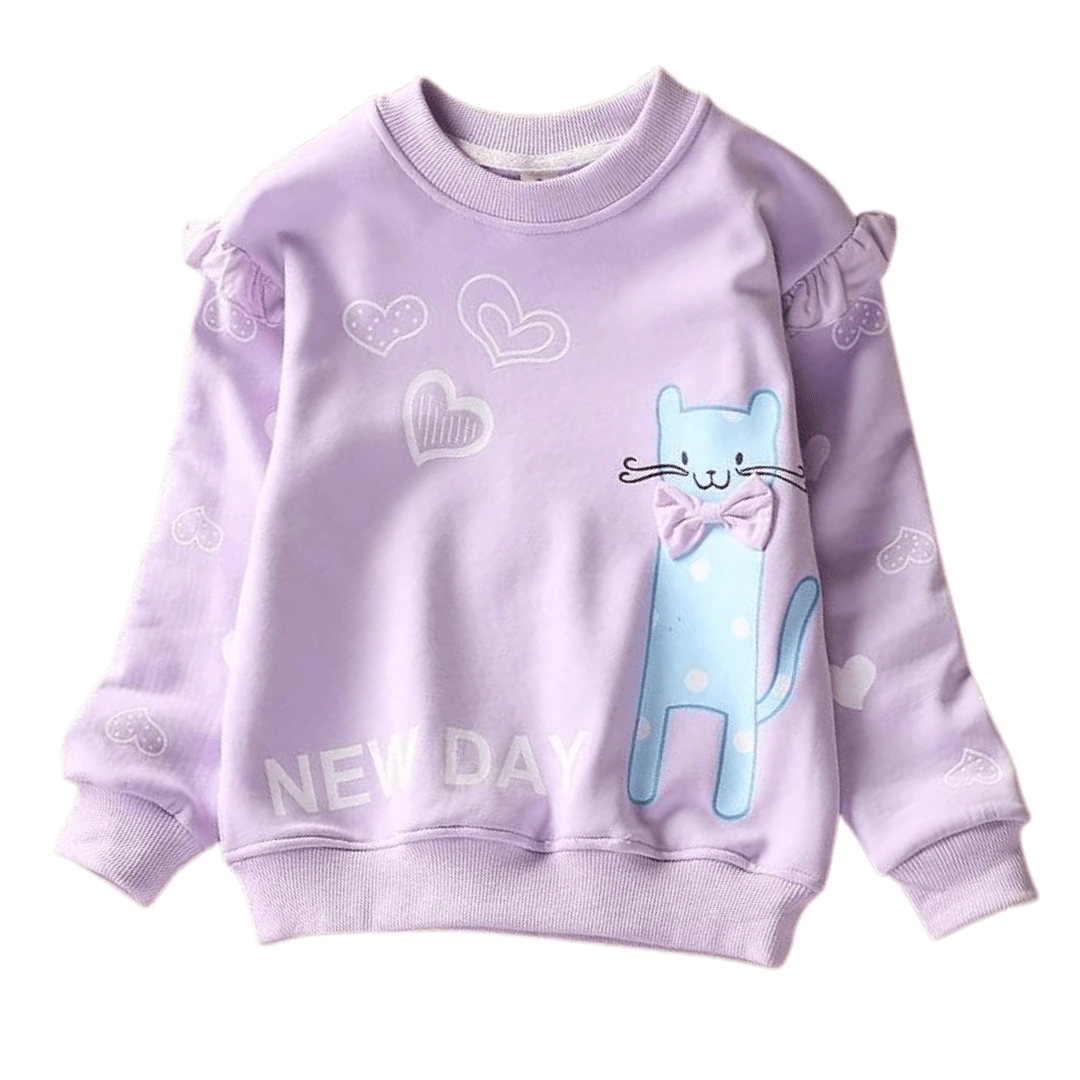 Girls' fashion: soft cotton sweater with playful cat and heart design, ideal for children.