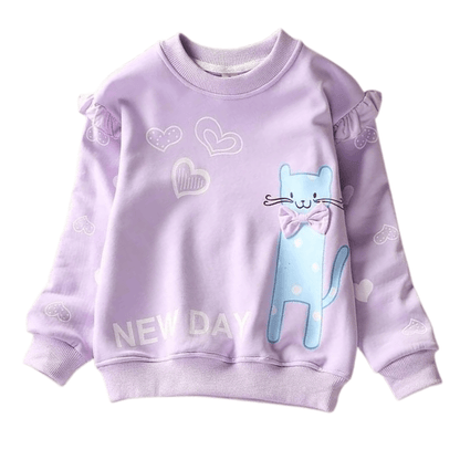 Girls' fashion: soft cotton sweater with playful cat and heart design, ideal for children.