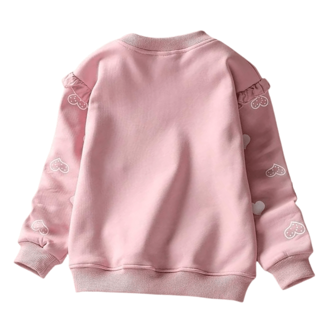 Pink long-sleeve cotton sweater for girls, adorned with charming cat and heart prints.