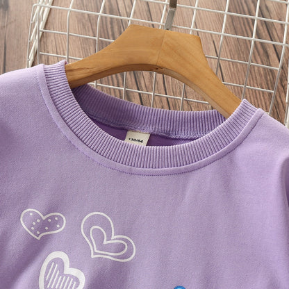 Childrens clothing: girls' pink cotton sweater showcasing a delightful cat and heart pattern.