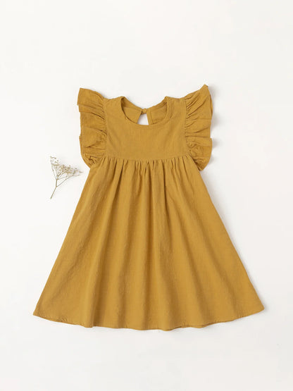 Sunny yellow girls' cotton tie-back overall dress, ideal for warm weather wear