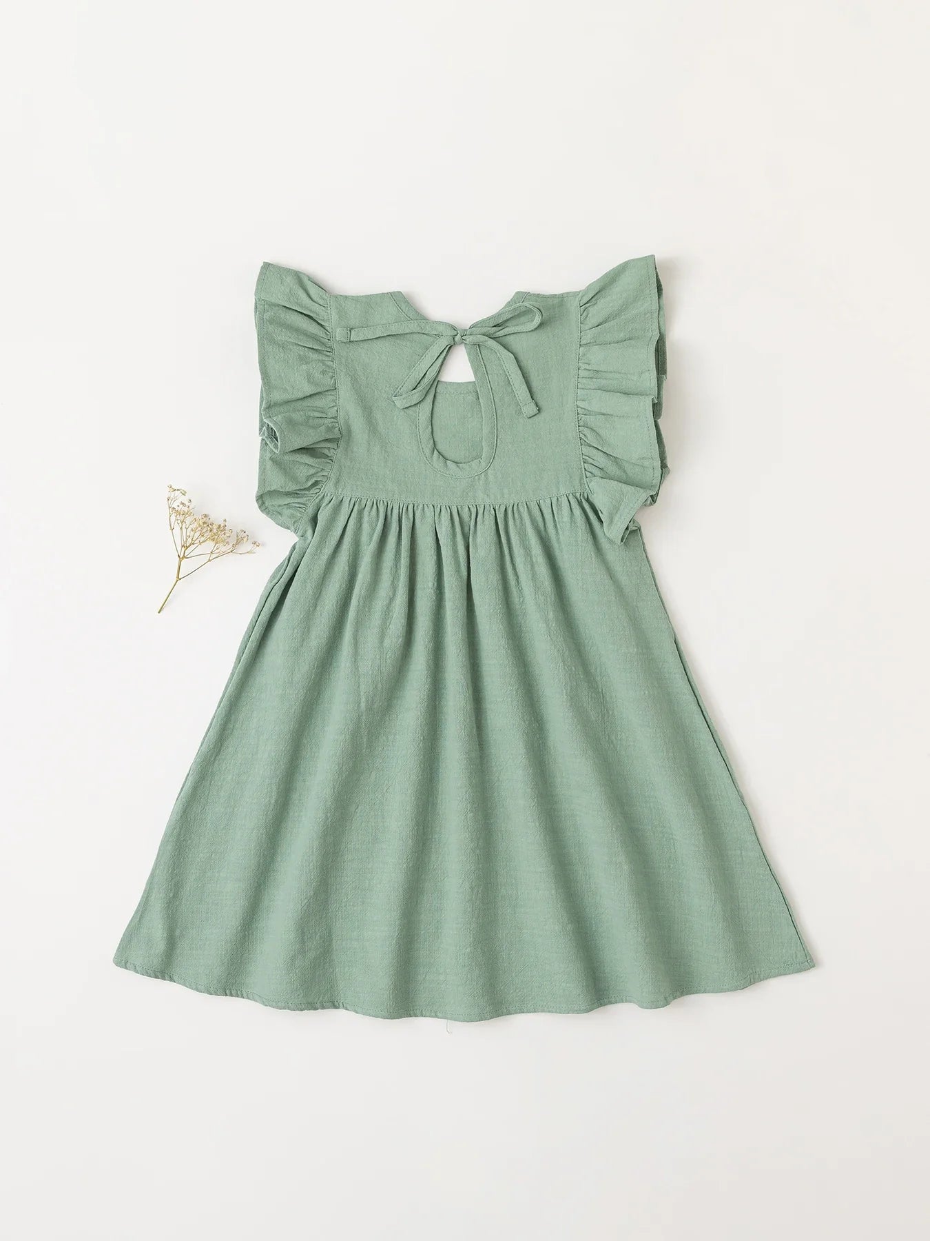 Teal blue cotton tie-back overall dress, cool and comfy summer wear for toddler girls